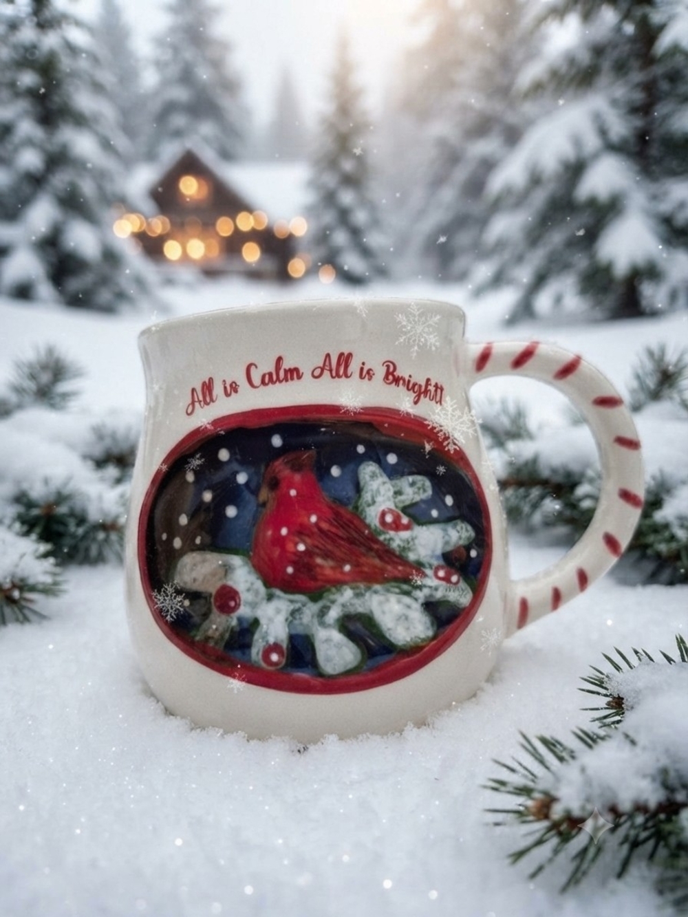 Blue Sky White Red Cardinal Holiday Ceramic Mug